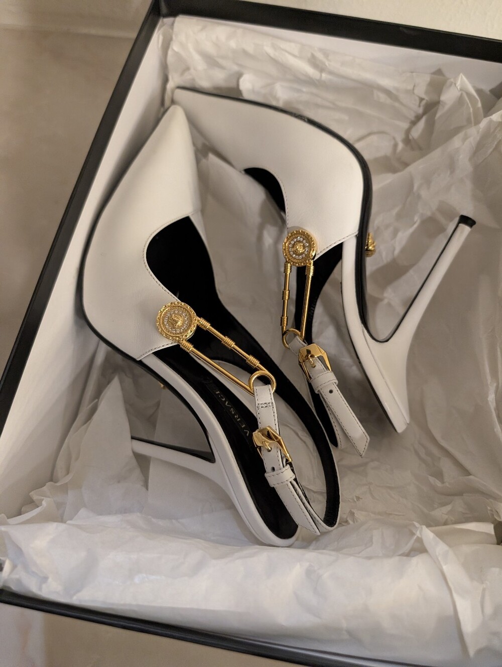 Versace White Pointed Toe Slingback Heels with Gold Accents Size 6.5